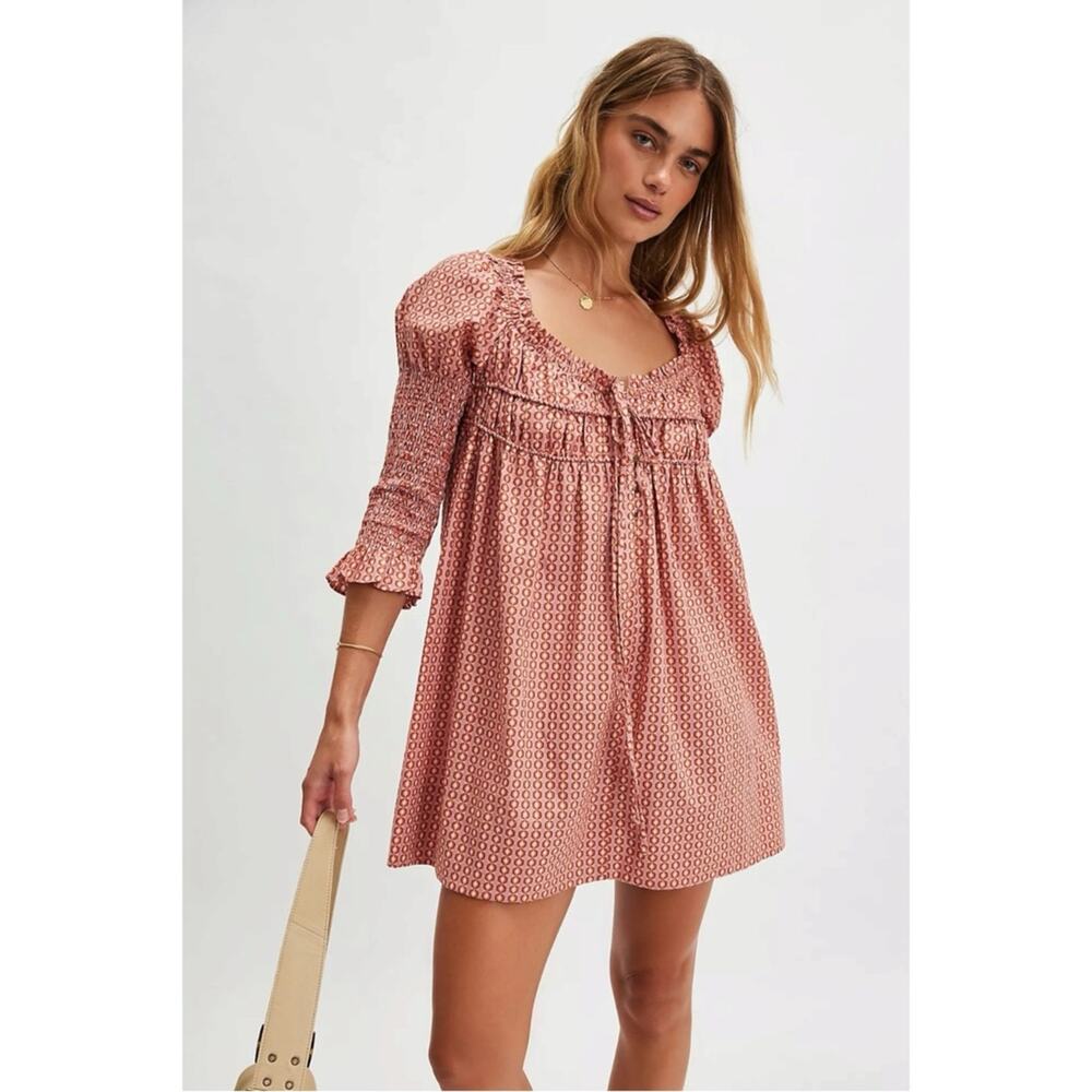 Free People Retro 70s Babydoll Star Dip Mini Dress in Red Combo Size Medium - Picture 5 of 12